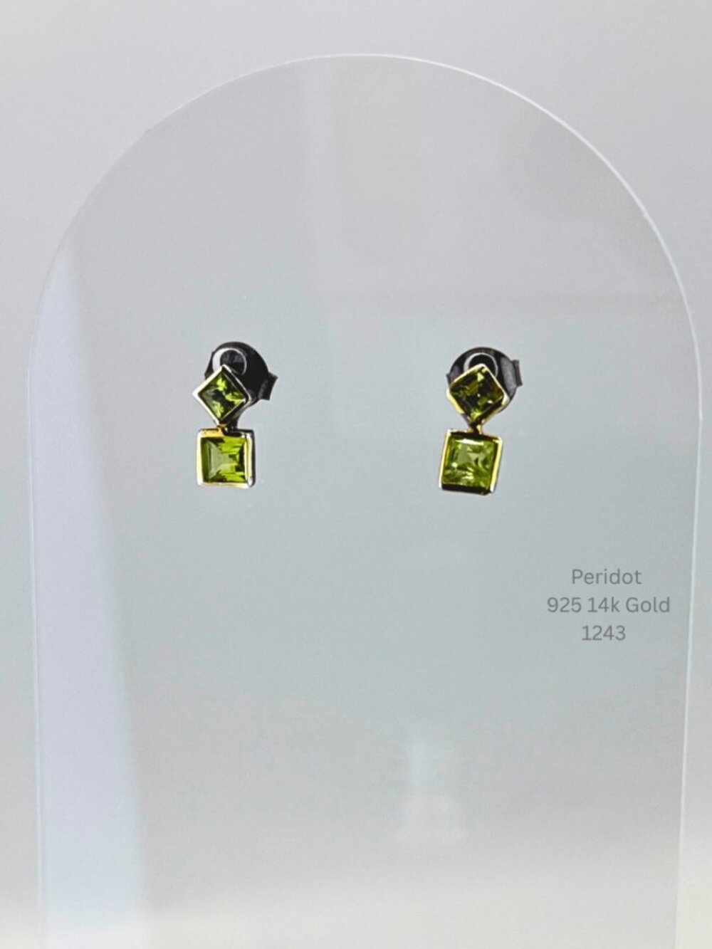 Natural Peridot Drop Earrings 925 Sterling Silver 14K Gold Accents Geometric